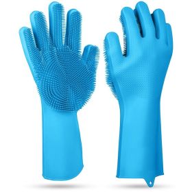 1 Pair Silicone Brush Dishwashing Gloves Cleaning Sponge Pet Scrubber Heat Resistant Wash Gloves (Option: BLUE)